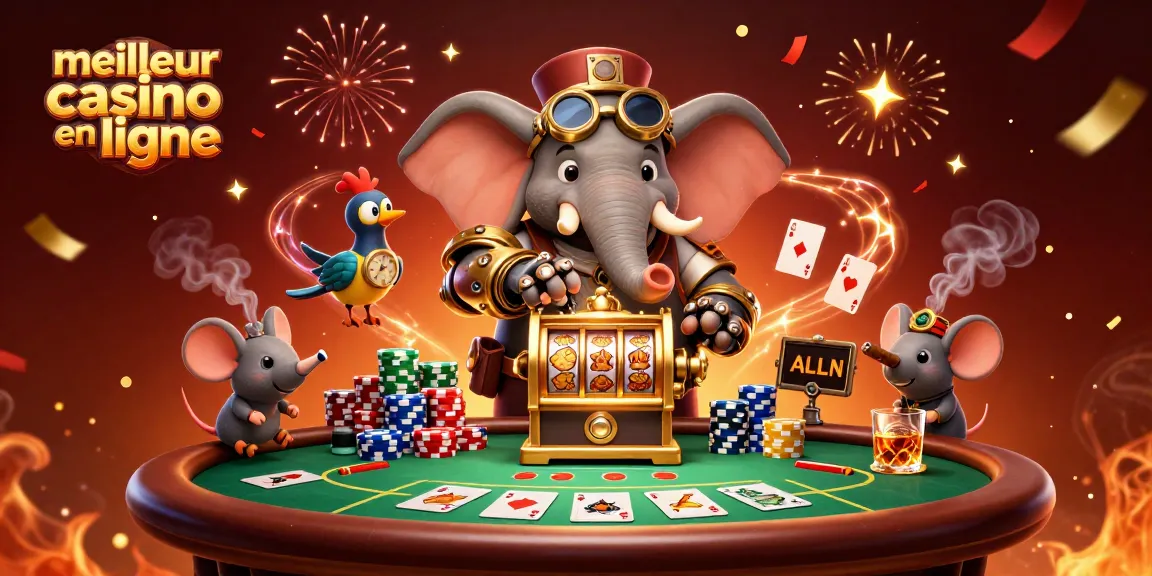 Découvrez le meilleur casino en ligne où un éléphant ingénieur interagit avec des machines à sous dorées.