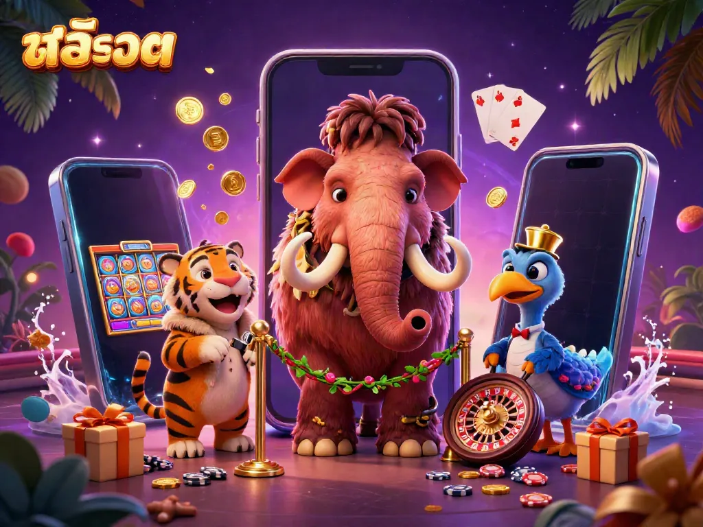 Engaging scene showing a woolly mammoth casino bouncer checking IDs with vibrant slot game elements, highlighting สล็อต.