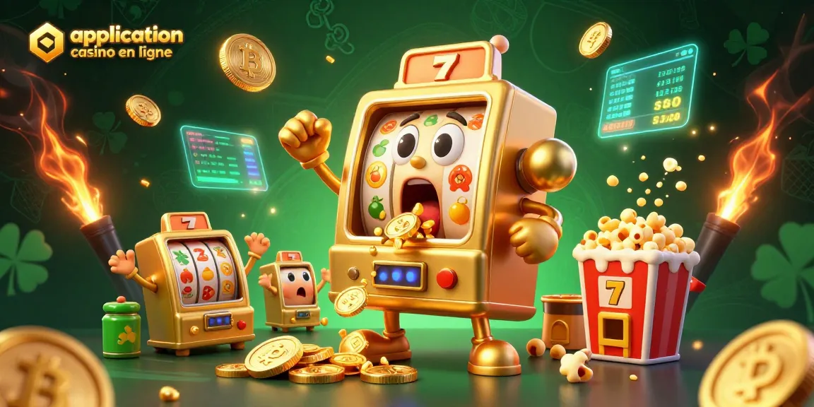 Une illustration vibrante de l'application casino en ligne avec des machines à sous et des éléments de jeu en 3D.