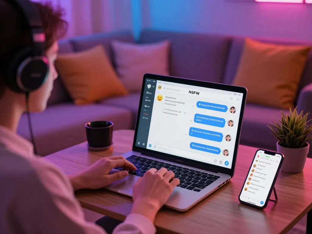 Engaging scene of a user in an NSFW AI chat, vibrant neon ambiance enhancing the digital experience.