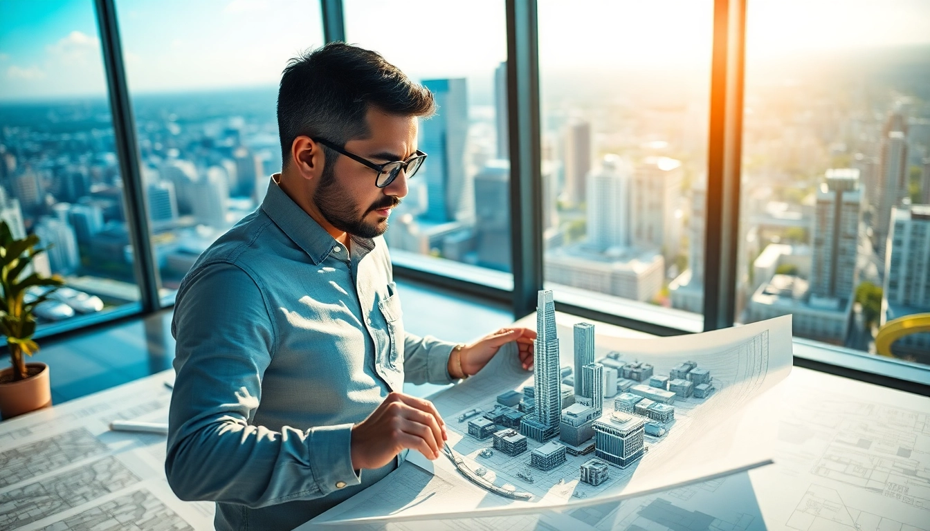 Urban planner reviewing city plans in a bright, modern office environment