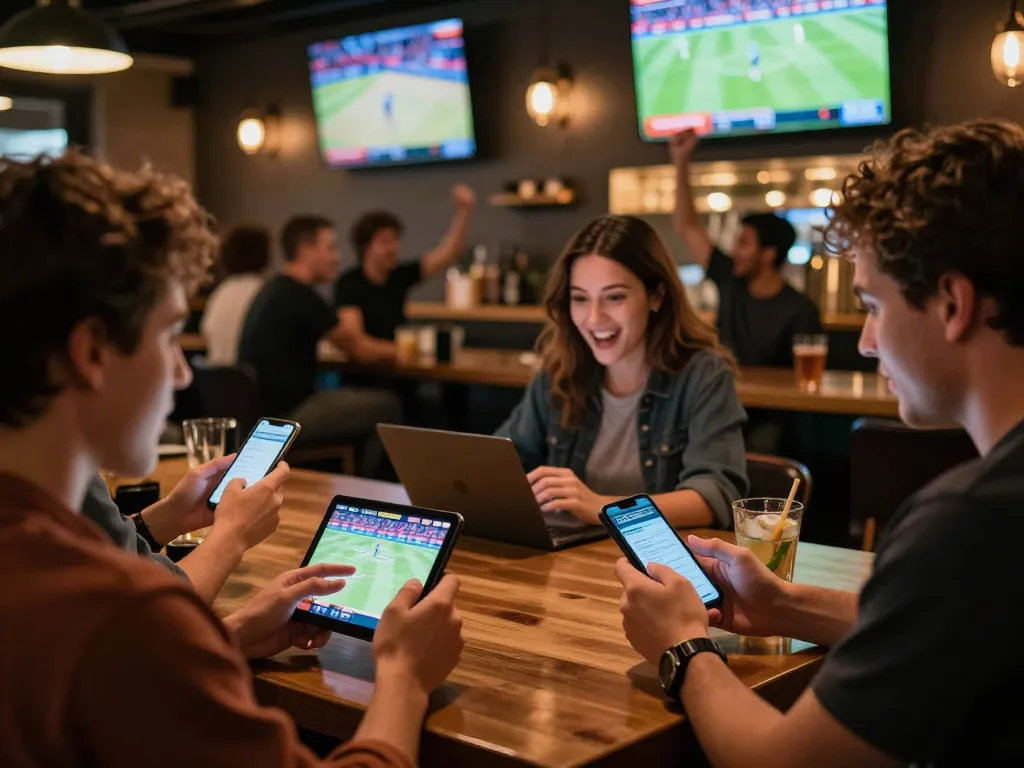 Engaged bettors placing wagers on keonhacai 5 in a lively sports bar atmosphere