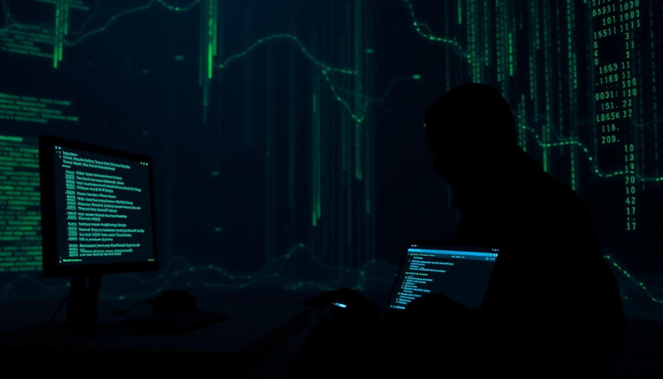 The Hidden Wiki concept visualized with a dark, atmospheric scene featuring a glowing screen and shadowy figure.