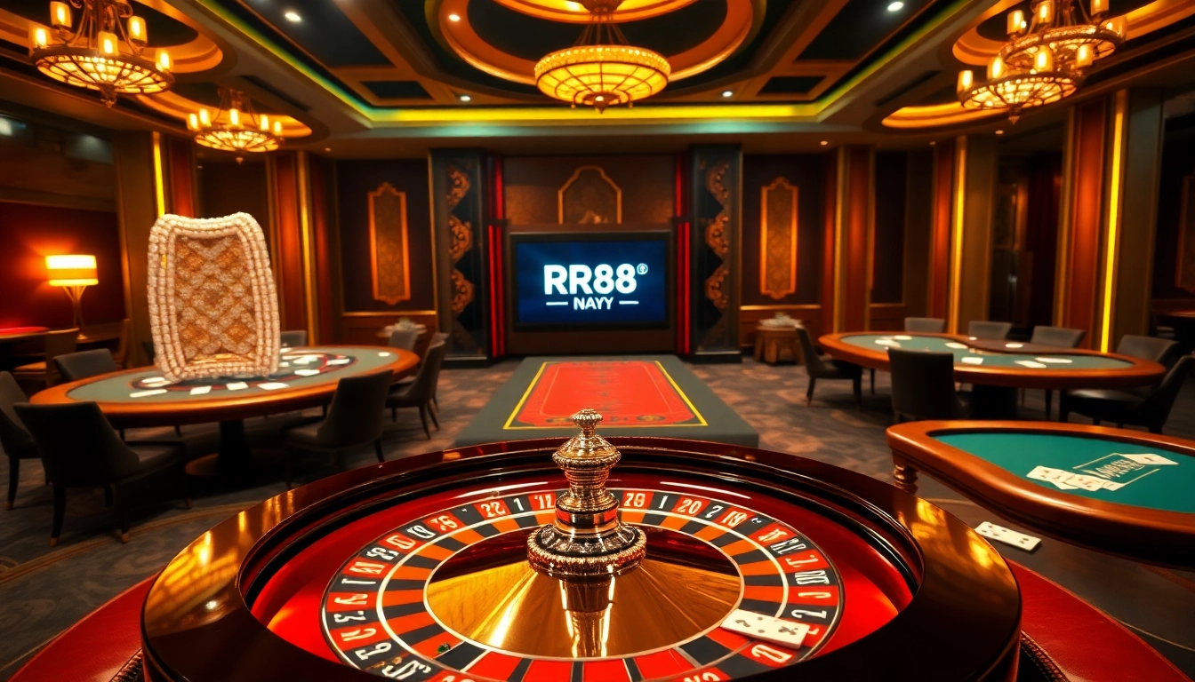 Experience the thrill of RR88.navy with vibrant casino tables and luxurious gaming elements.