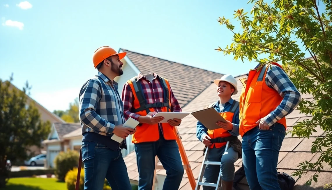 Team providing professional roofing services while inspecting a residential rooftop.