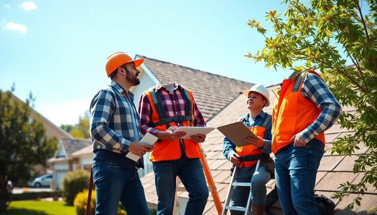 Team providing professional roofing services while inspecting a residential rooftop.