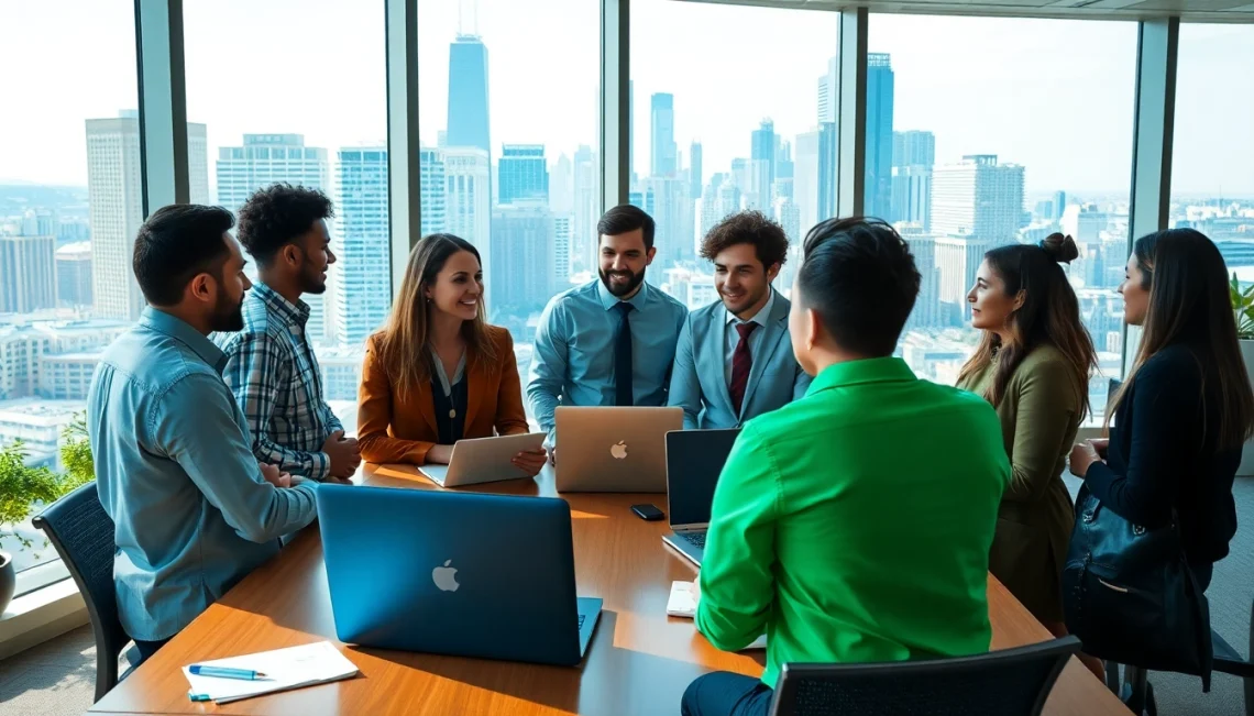 Job in Chicago seekers collaborate in a modern office setting, showcasing vibrant opportunities.