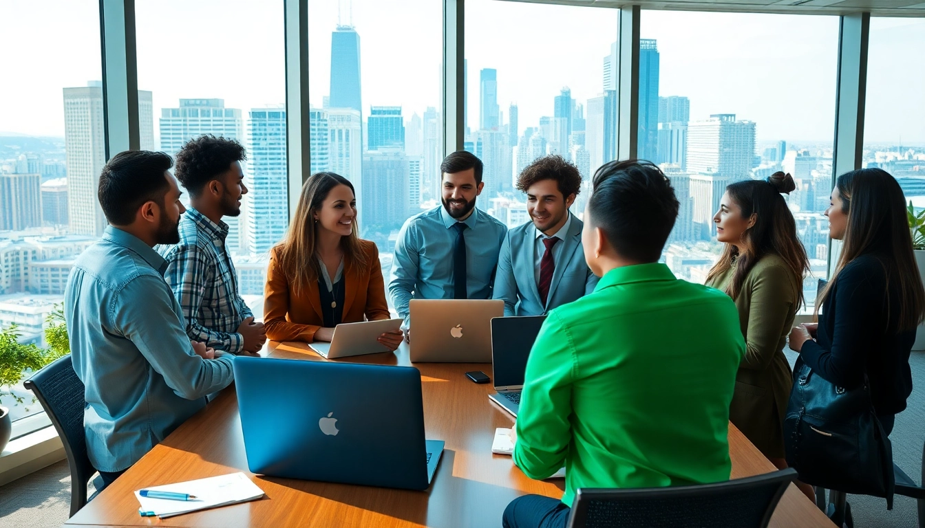 Job in Chicago seekers collaborate in a modern office setting, showcasing vibrant opportunities.