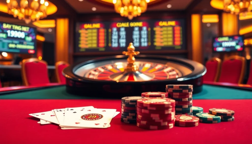 A vibrant casino scene showcasing the excitement of 79king net with poker chips and roulette.
