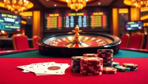 A vibrant casino scene showcasing the excitement of 79king net with poker chips and roulette.