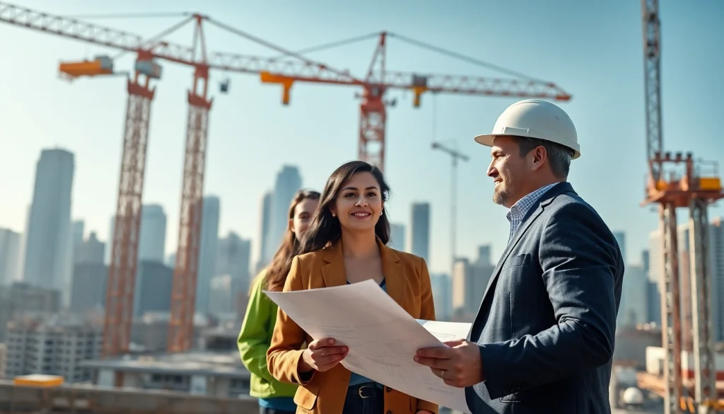 Manhattan Construction Manager directing a construction team on a bustling city site with blueprints in hand.