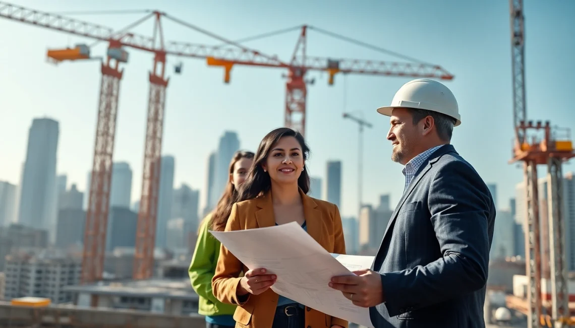 Manhattan Construction Manager directing a construction team on a bustling city site with blueprints in hand.