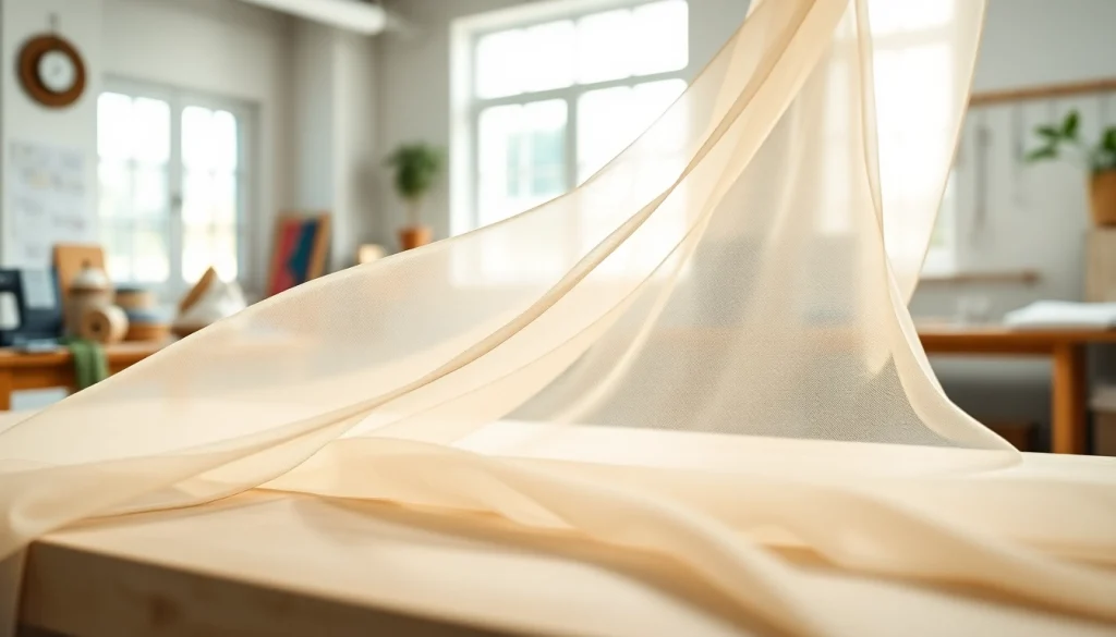 De mousseline stof ligt elegant op een tafel, met zachte kleuren en textuur die de creativiteit oproepen.