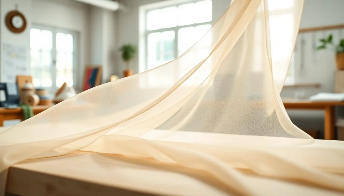 De mousseline stof ligt elegant op een tafel, met zachte kleuren en textuur die de creativiteit oproepen.