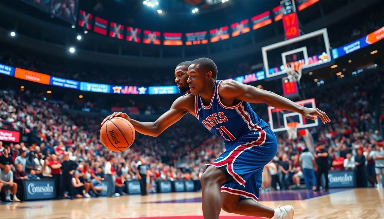 nba중계에서 두 선수의 경합 장면을 강조한 농구 경기 이미지