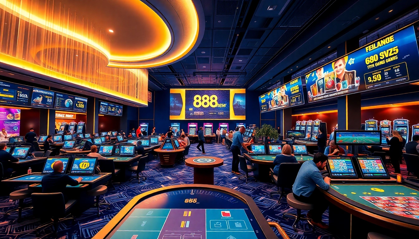 Engaging scene of players enjoying diverse games on 888new platform, showcasing vibrant casino atmosphere.