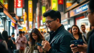 카드깡 거래를 하는 사람들의 모습이 담긴 도시의 일상적 풍경