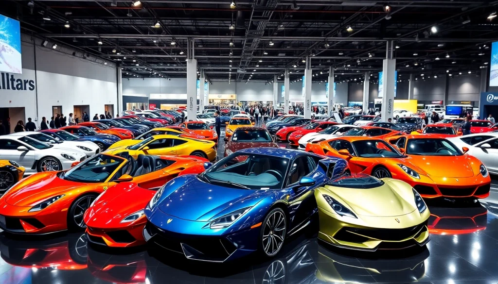Admire vehicles at the Auto Cars Show, featuring stunning displays and a lively crowd.