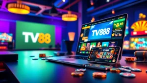 Engaging online gaming setup featuring TV88 logo, showcasing casino games on devices.