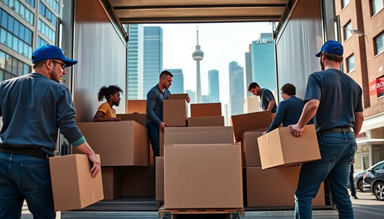 Best Toronto Movers efficiently loading furniture into a moving truck in vibrant Toronto cityscape.