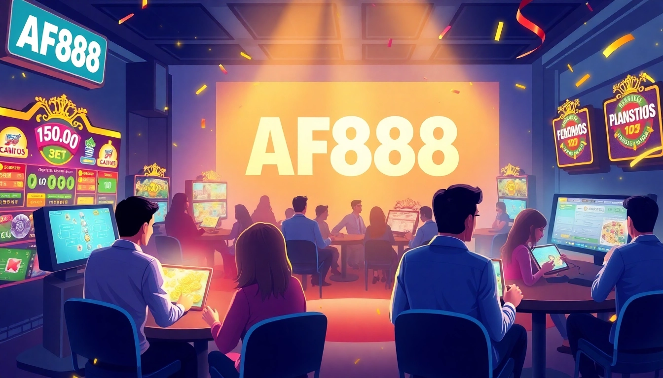 AF88 betting platform showcasing a lively casino scene with players engaging in sports betting and poker.