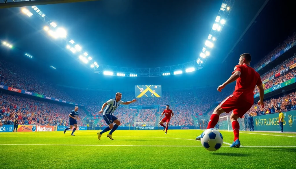 축구중계를 위해 응원하는 팬들로 가득한 경기장의 모습입니다.