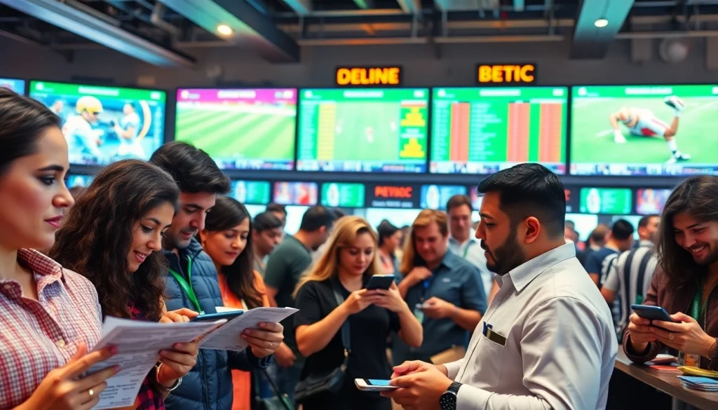Engaged bettors in a bright sportsbook showcasing the spirit of sports betting Mexico