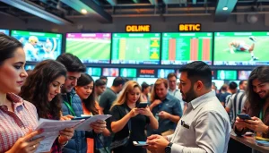 Engaged bettors in a bright sportsbook showcasing the spirit of sports betting Mexico
