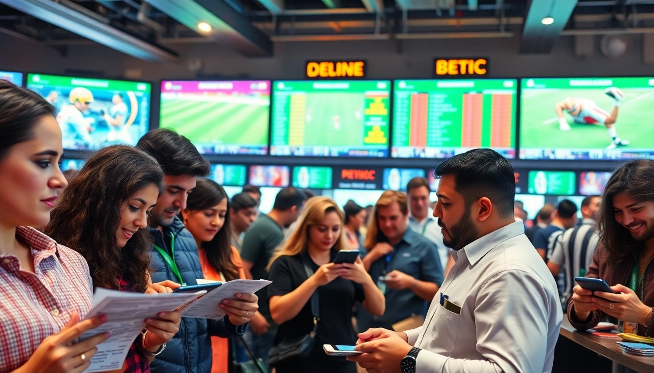 Engaged bettors in a bright sportsbook showcasing the spirit of sports betting Mexico