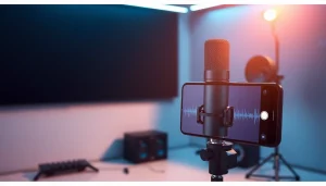 MV88 microphone displayed in a modern recording studio setup, highlighting audio innovation.