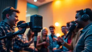 MV88 microphone showcased in a dynamic podcast recording setting with diverse podcasters.