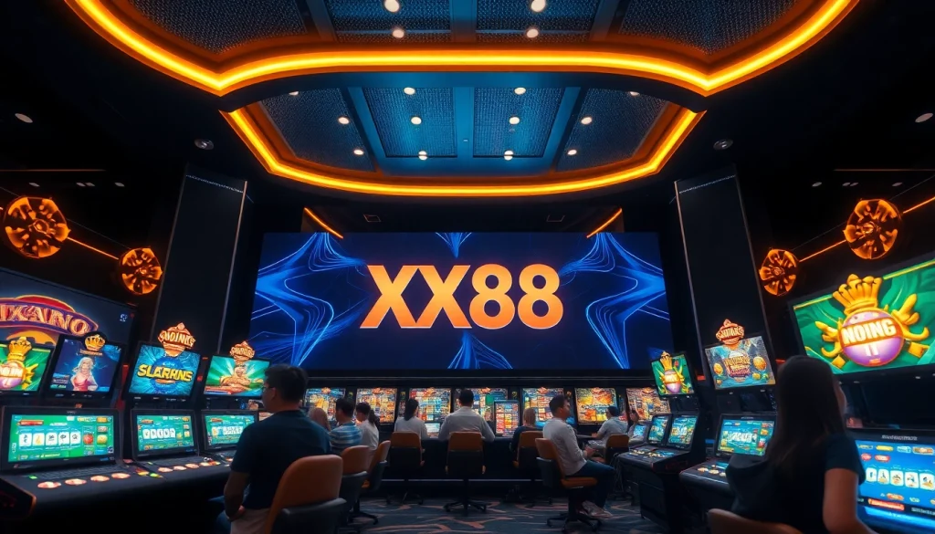 Experience the dynamic online gaming world of XX88 with vibrant gaming interfaces and enthusiastic players.