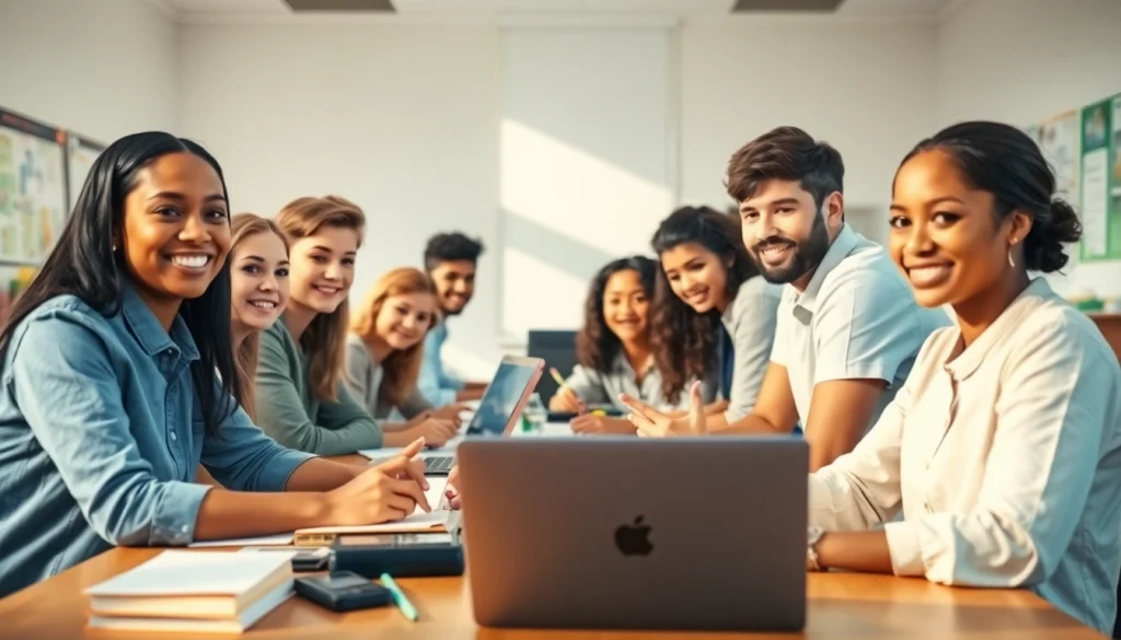 Students engaging in collaborative Education activities in a vibrant classroom setting.