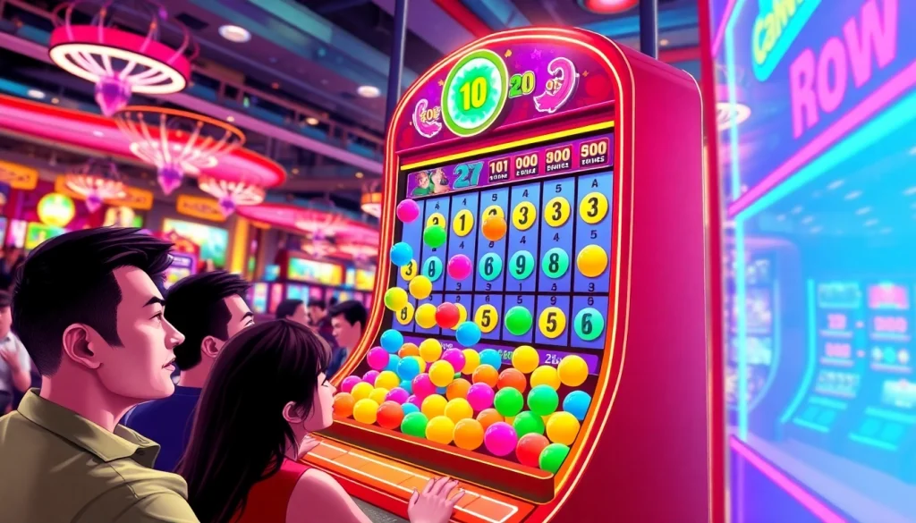 Menampilkan permainan slot plinko yang penuh warna dan suasana kasino yang energik.
