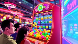 Menampilkan permainan slot plinko yang penuh warna dan suasana kasino yang energik.