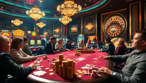 Experience the thrill of k88 gaming at a luxurious casino table with players and vibrant slot machines.