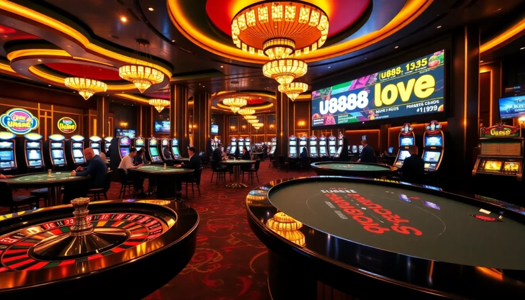 Engaging U888 love casino scene with poker players, roulette wheels, and vibrant slot machines.