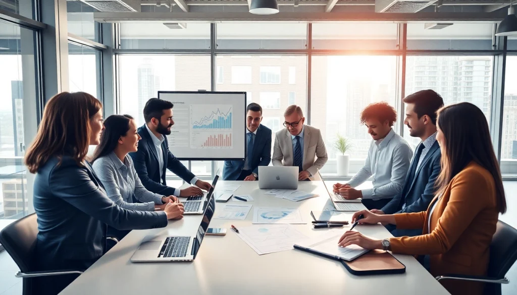 Analyzing competitor pricing strategies with a team in a bright, modern office.