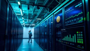 Dogecoin cloud mining earnings showcased in a modern mining facility with advanced technology.