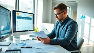 Evaluate Bid-No-Bid Analysis with a professional examining projects and data in an office setting.