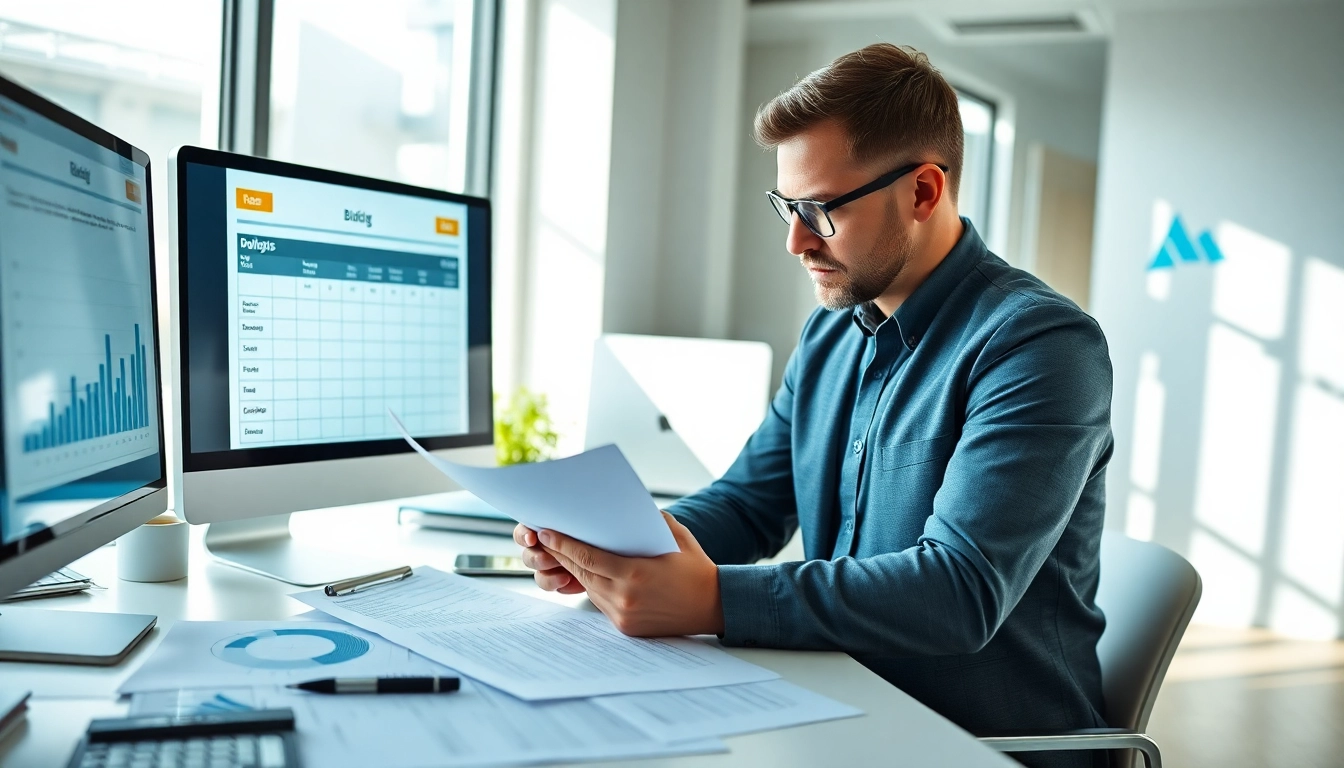 Evaluate Bid-No-Bid Analysis with a professional examining projects and data in an office setting.