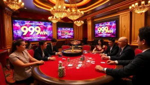Players enjoying an exciting game of poker themed around 99win, showcasing vibrant casino elements.