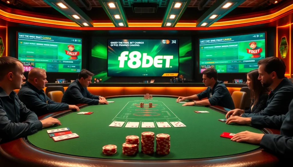 Experience the thrilling world of f8bet at a vibrant poker table, where gamblers engage in high-stakes action.