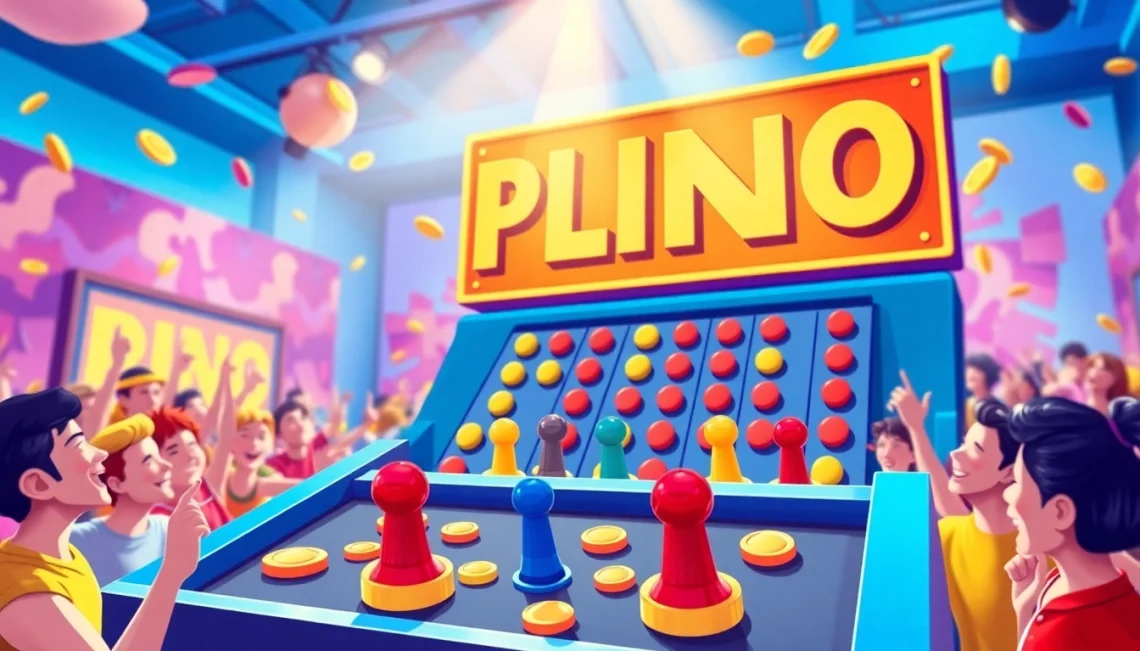 Permainan demo plinko yang mengasyikkan dengan papan berwarna-warni dan pemain yang antusias.