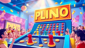 Permainan demo plinko yang mengasyikkan dengan papan berwarna-warni dan pemain yang antusias.