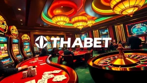 Thrilling casino scene at Trang Chủ THABET showcasing luxury gaming with poker tables and slot machines.