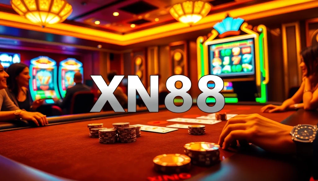 Engaging poker players at the XN88 casino table, experiencing the thrill of high-stakes gambling.