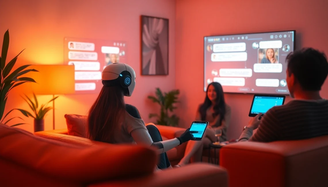 Engaging scene of users interacting with a sex chat AI, showcasing warmth and technology.