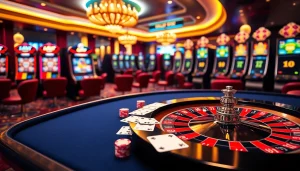 Khela88 bet action at an elegant casino with roulette, cards, and vibrant slot machines.