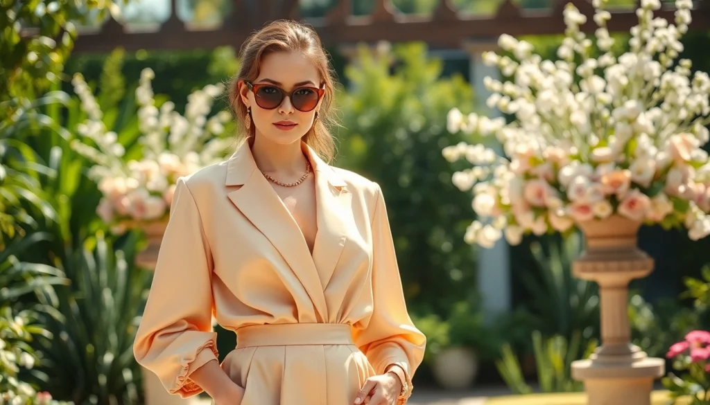 Model presenting a stunning Rivelle outfit amidst a beautifully crafted outdoor garden.